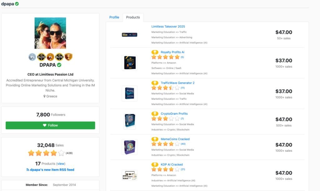 vendor details and profile on warrior plus