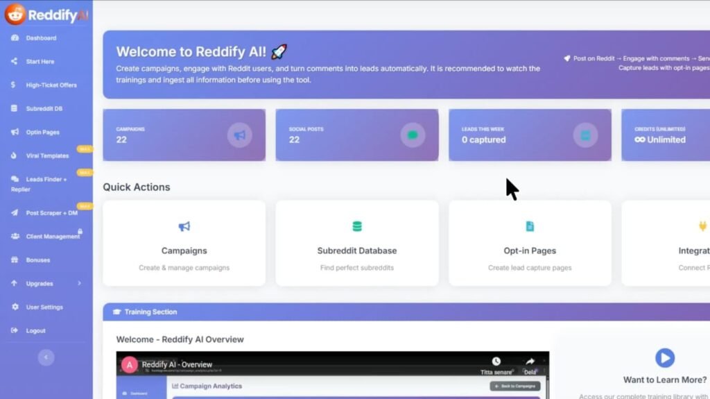 Reddify Ai dashboard