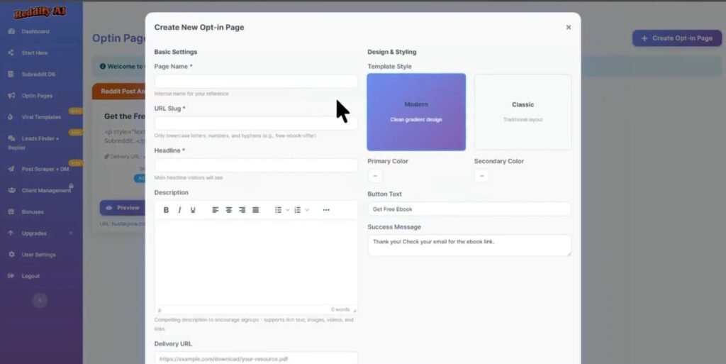 Reddify Ai opt in page builder