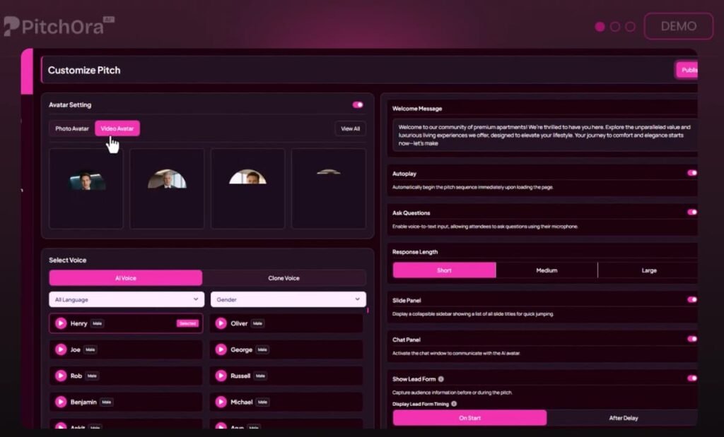 Pitchora AI avatar settings