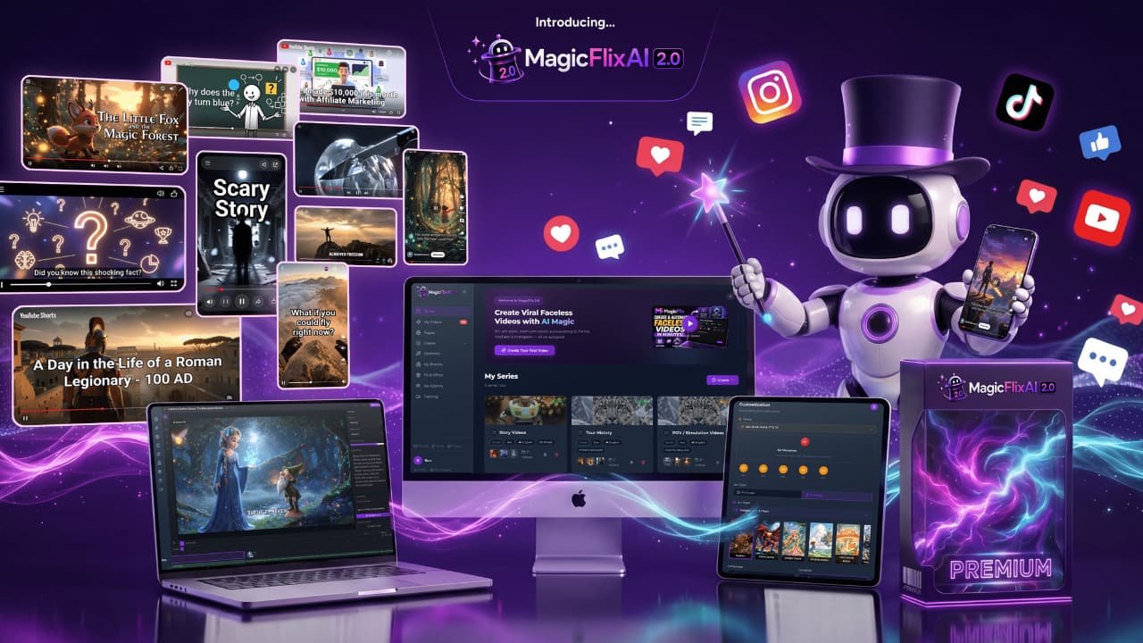 MagicFlixAI 2.0 review showing the dashboard, faceless AI video channels, and the timeline editor