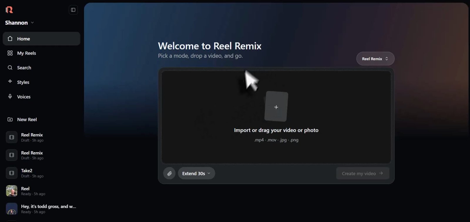 ReelRemix review - inside the members area dashboard showing the video creation workflow