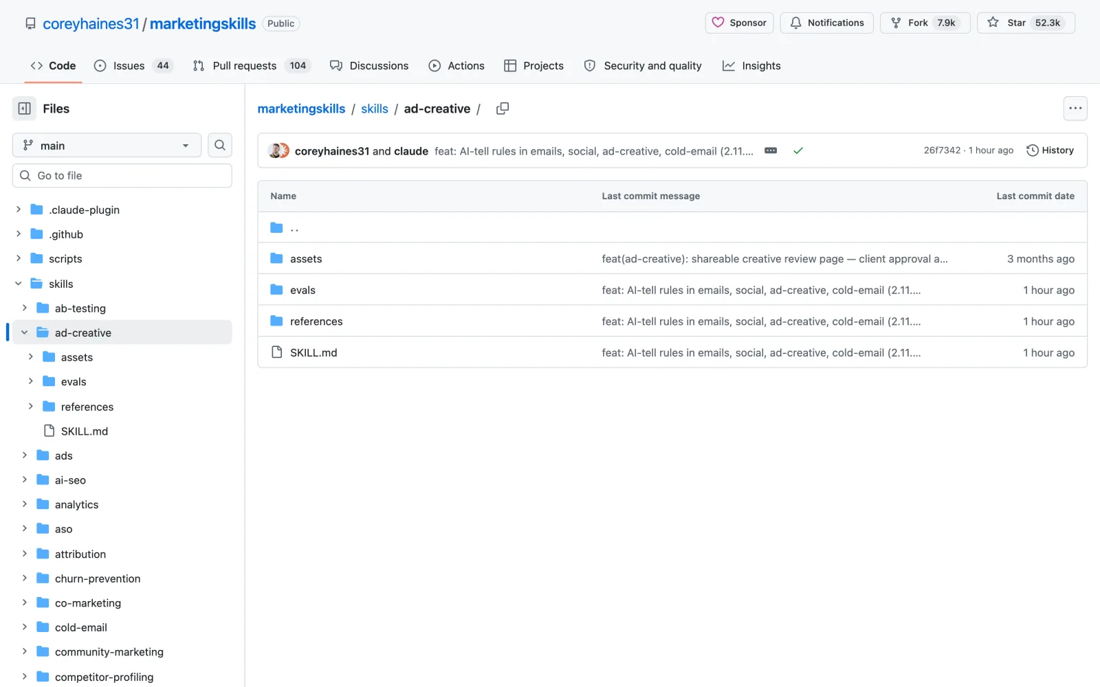 Ad Creative Claude Code skill on GitHub (coreyhaines31/marketingskills)