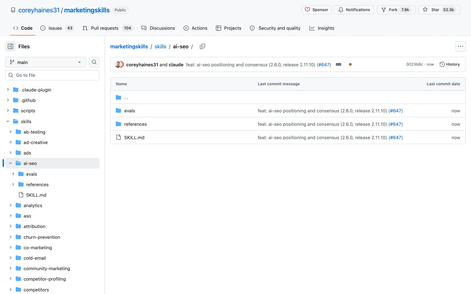 AI SEO Claude Code skill on GitHub (coreyhaines31/marketingskills)