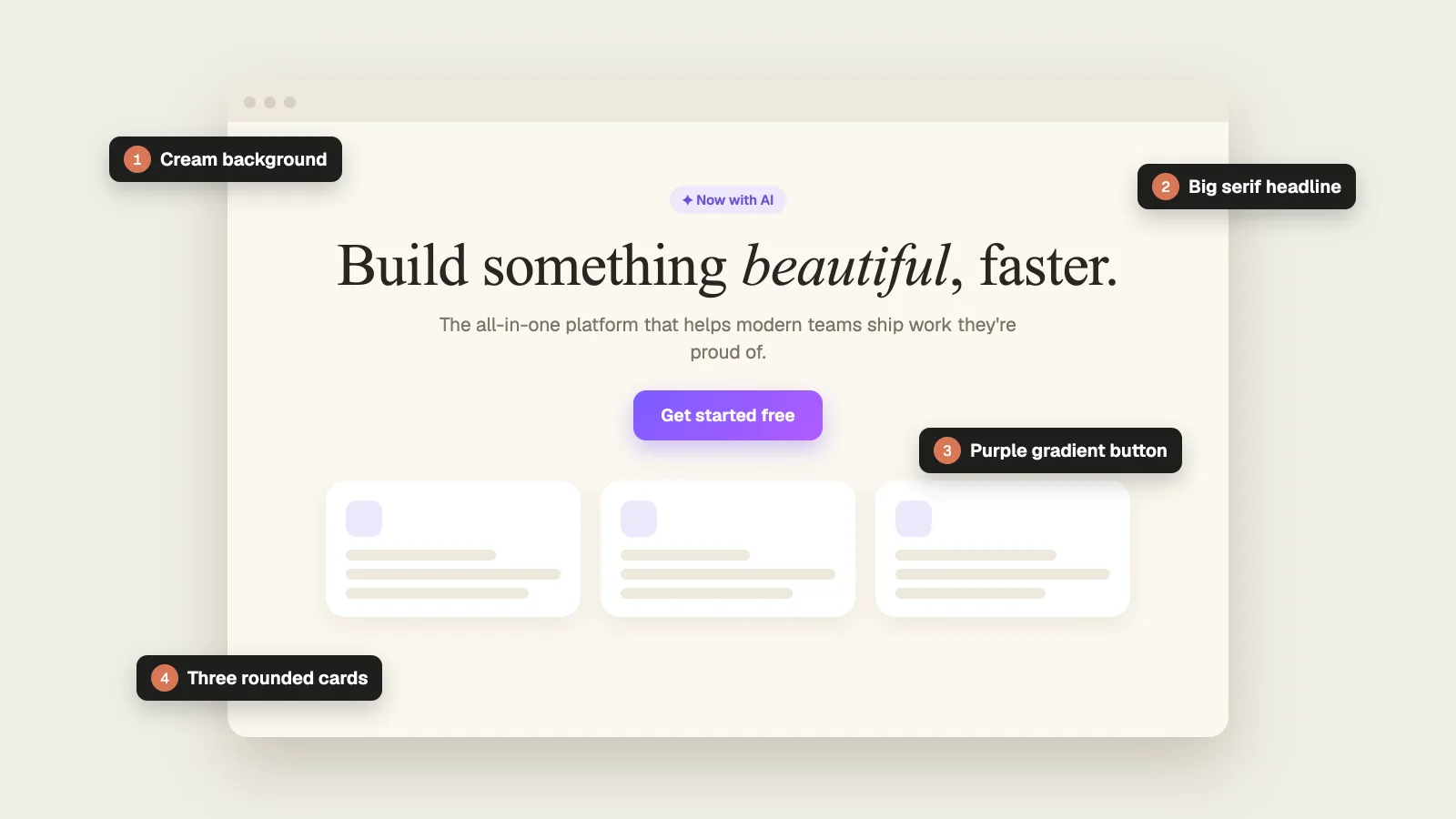 The typical AI website look that Claude Code design skills fix: cream background, serif headline, purple gradient button and three rounded cards
