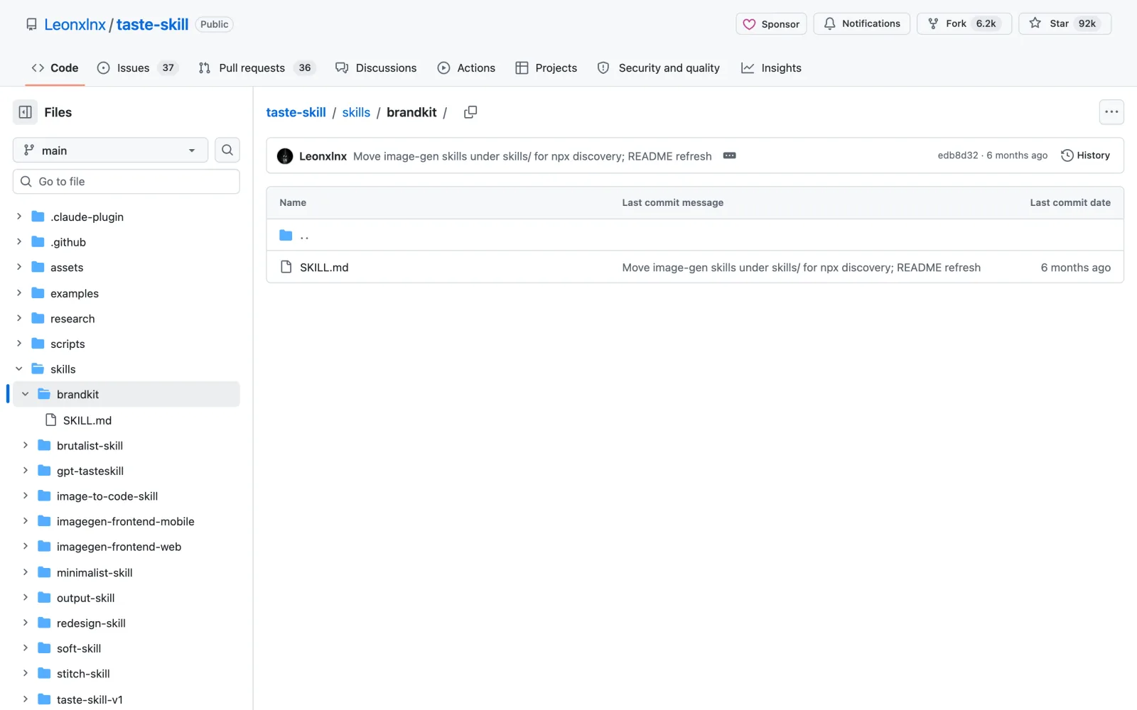 Brandkit Claude Code skill on GitHub (Leonxlnx/taste-skill)
