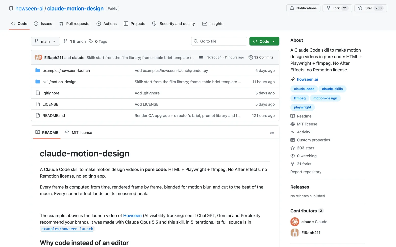Claude Motion Design Claude Code skill on GitHub (howseen-ai/claude-motion-design)
