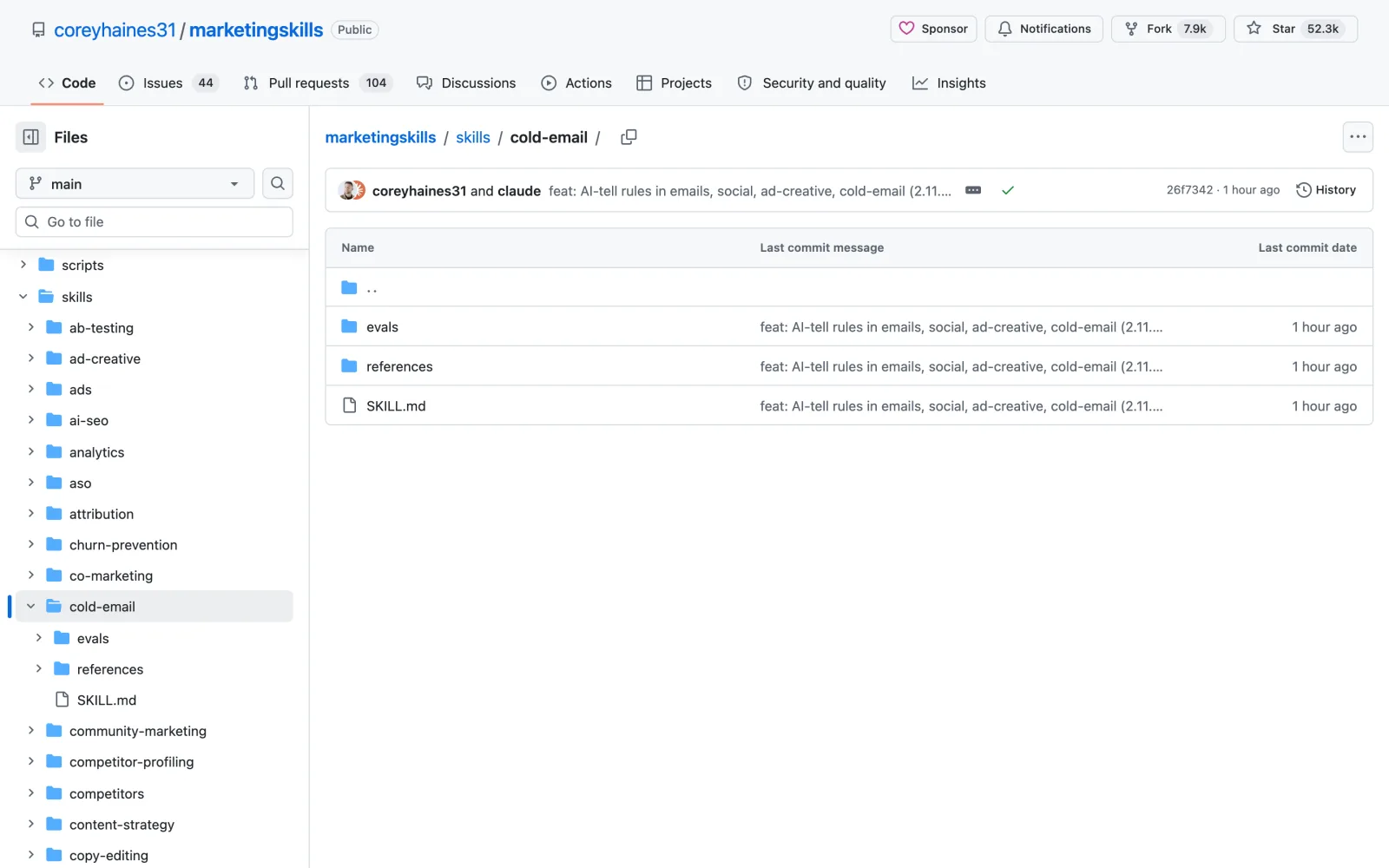 Cold Email Claude Code skill on GitHub (coreyhaines31/marketingskills)