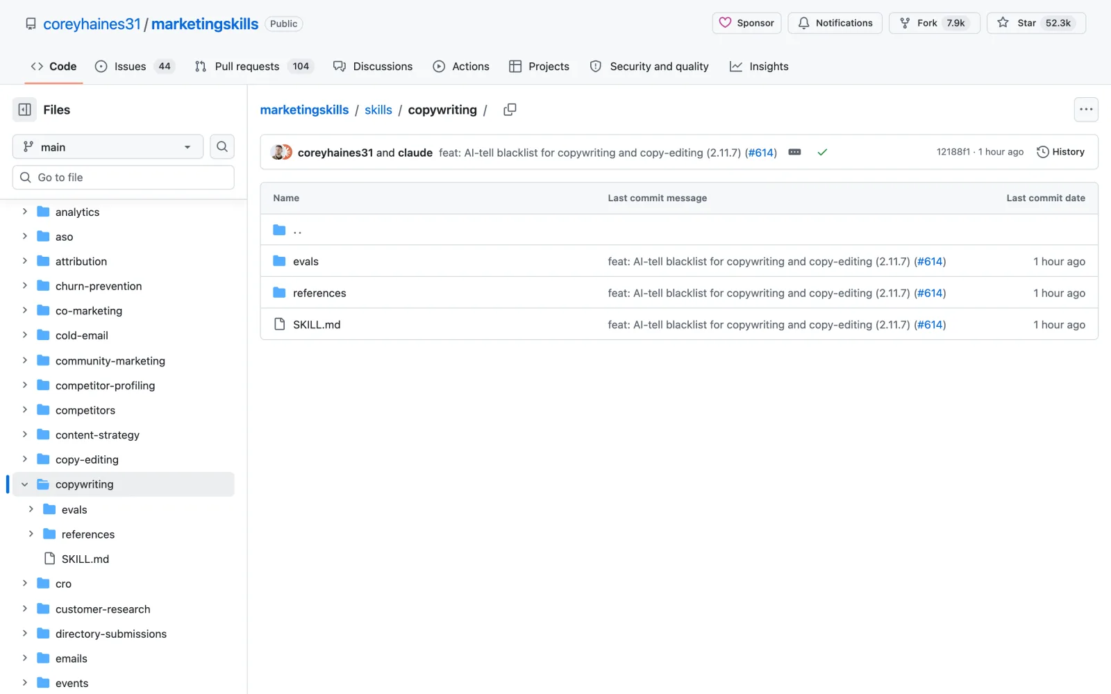 Copywriting Claude Code skill on GitHub (coreyhaines31/marketingskills)