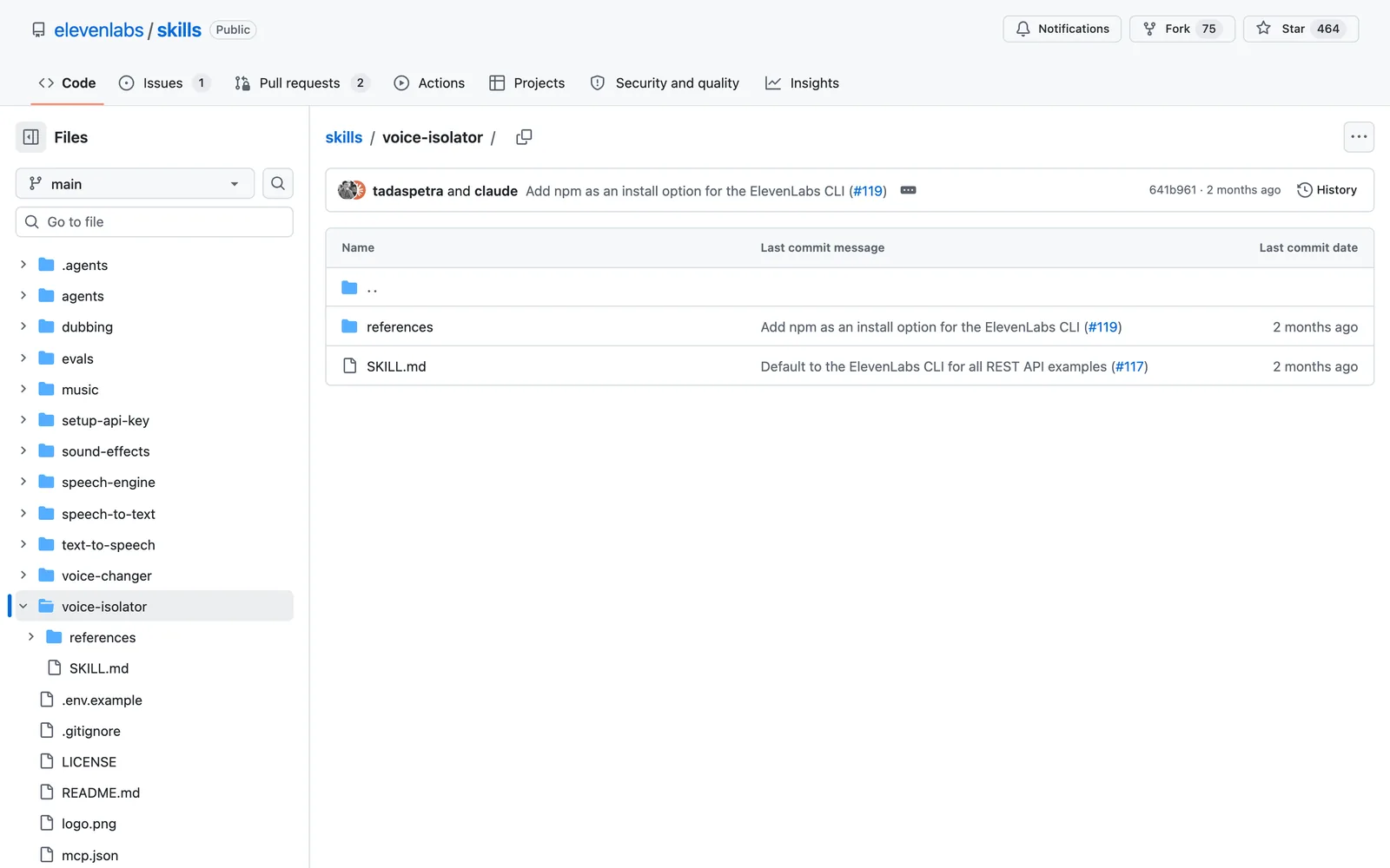 ElevenLabs Voice Isolator Claude Code skill on GitHub (elevenlabs/skills)