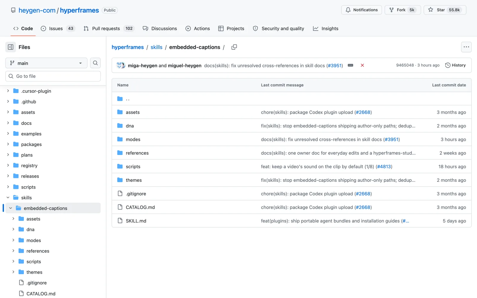 Embedded Captions Claude Code skill on GitHub (heygen-com/hyperframes)