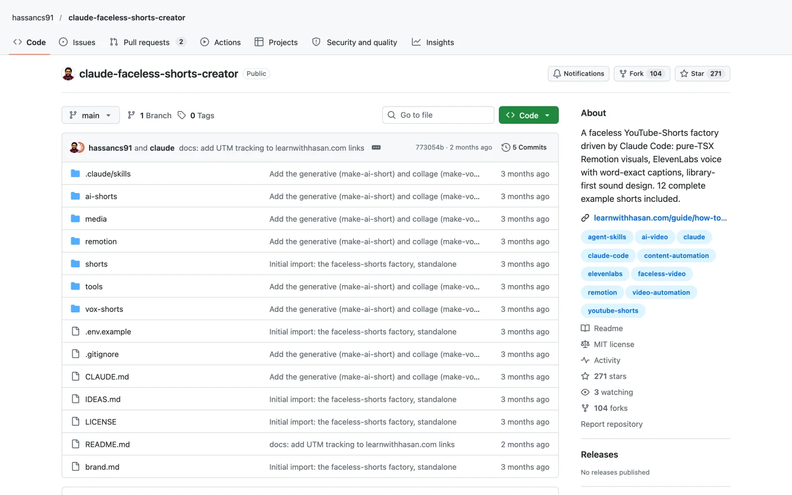 Claude Faceless Shorts Creator skill on GitHub (hassancs91/claude-faceless-shorts-creator)