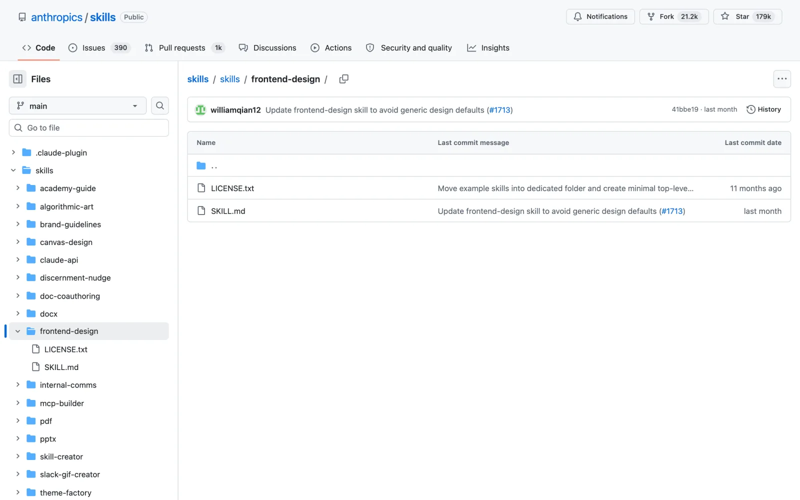 Frontend Design Claude Code skill on GitHub (anthropics/skills)