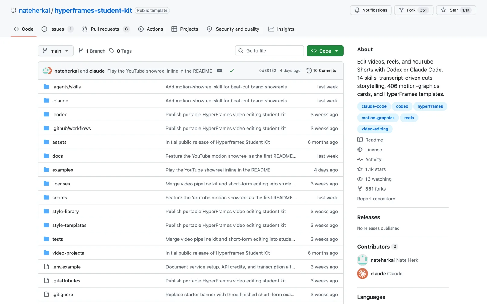 HyperFrames Student Kit Claude Code skill on GitHub (nateherkai/hyperframes-student-kit)