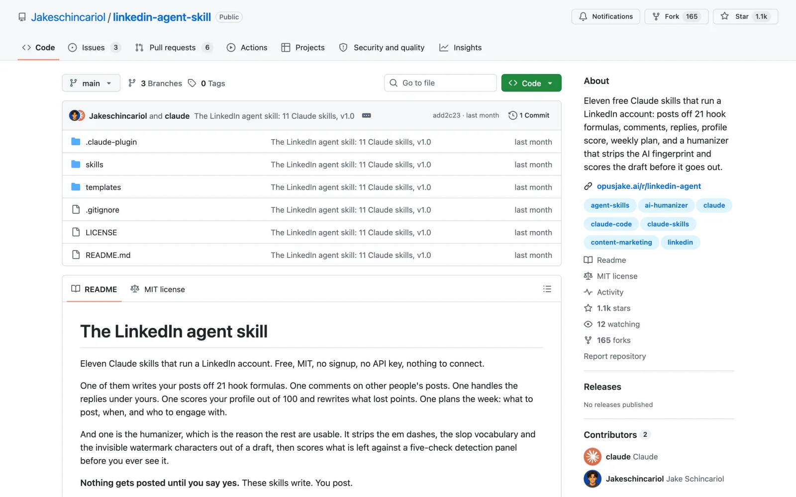 LinkedIn Agent Skill Claude Code skill on GitHub (Jakeschincariol/linkedin-agent-skill)