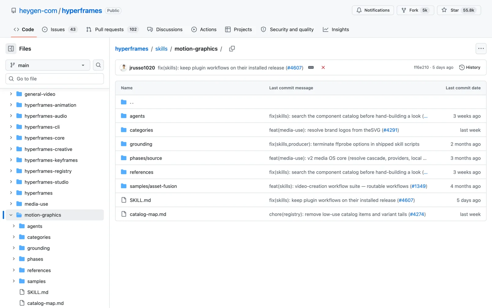 Motion Graphics Claude Code skill on GitHub (heygen-com/hyperframes)