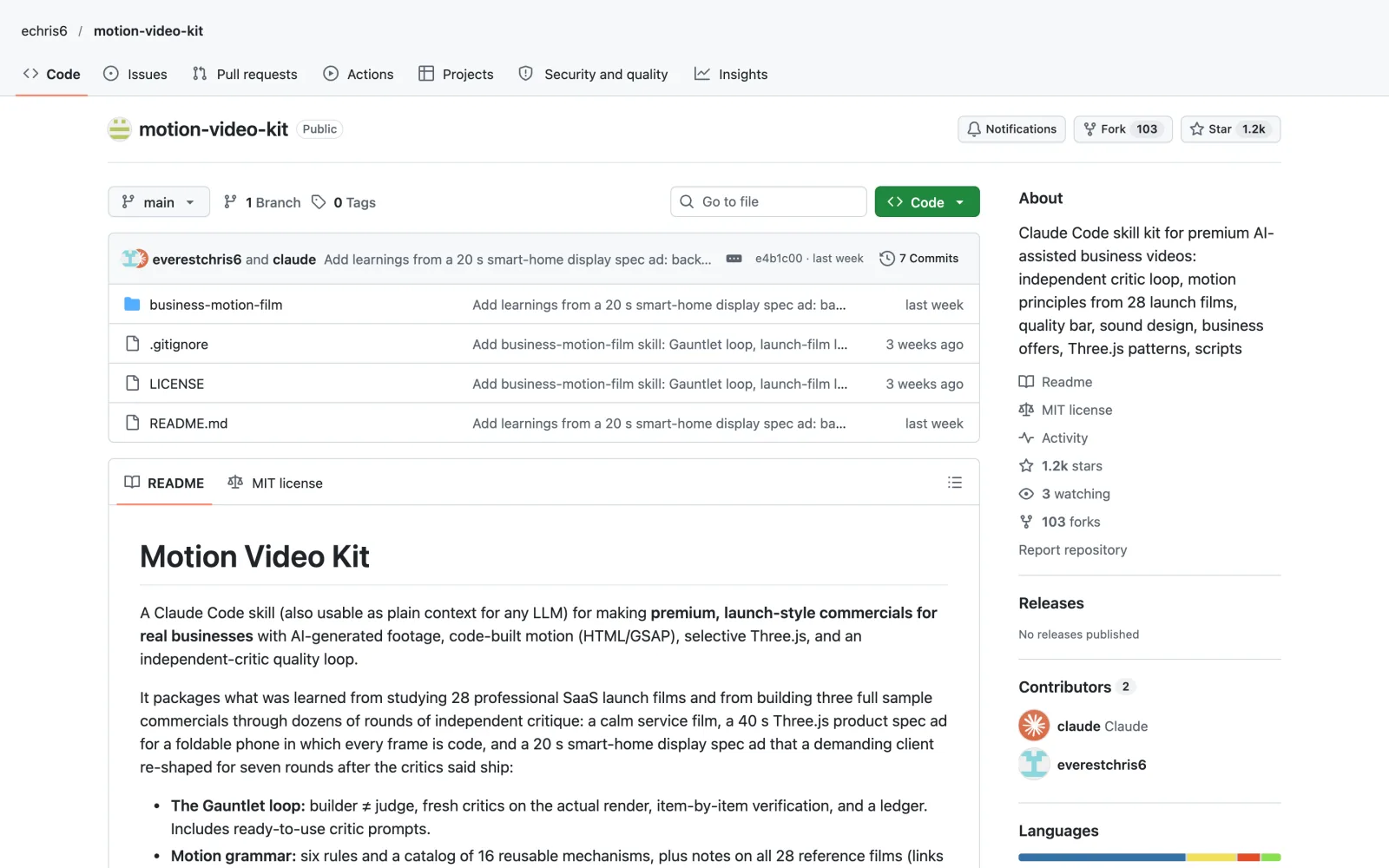 Motion Video Kit skill on GitHub (echris6/motion-video-kit)