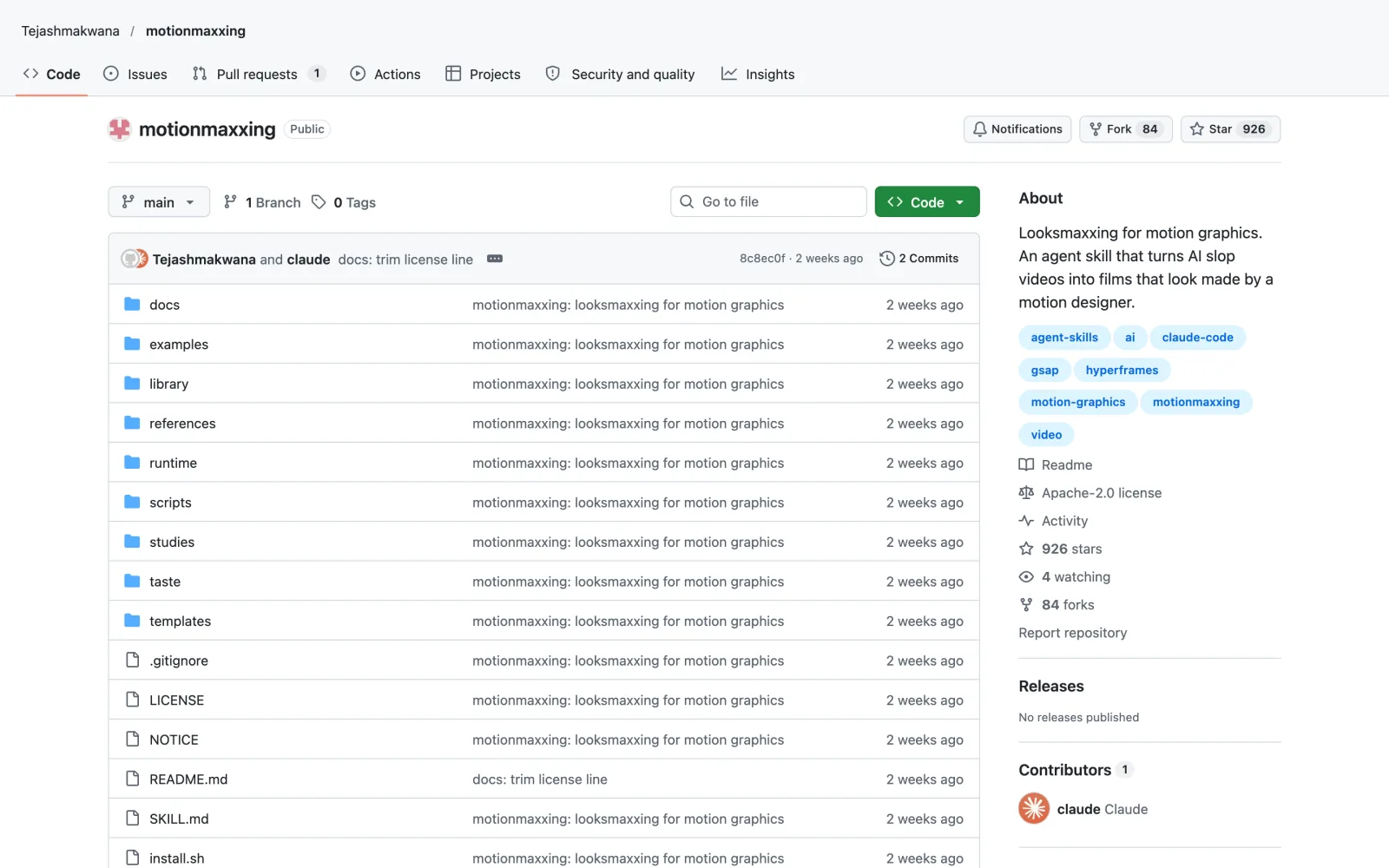 Motionmaxxing skill on GitHub (Tejashmakwana/motionmaxxing)