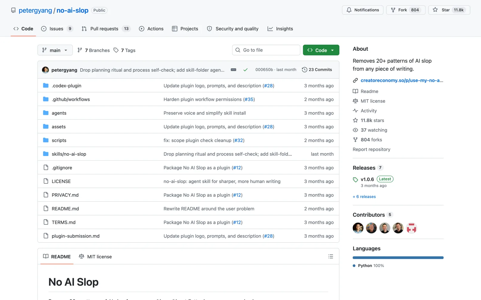 No AI Slop skill on GitHub (petergyang/no-ai-slop)