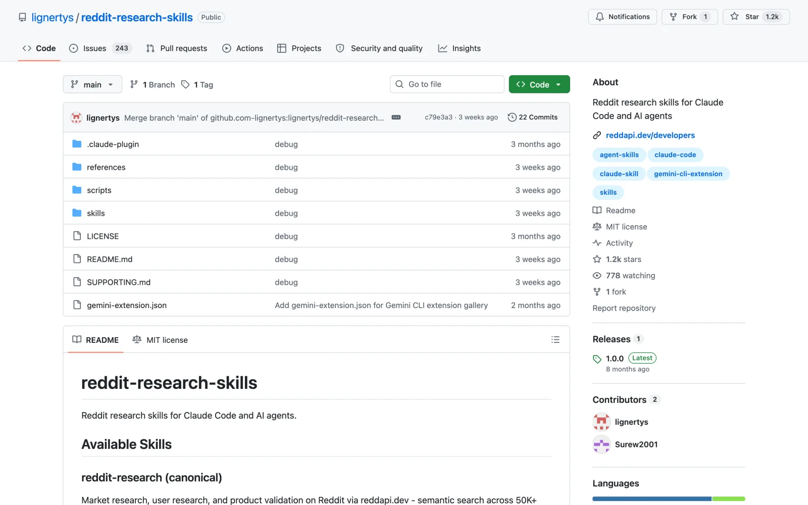 Reddit Research skill on GitHub (lignertys/reddit-research-skills)