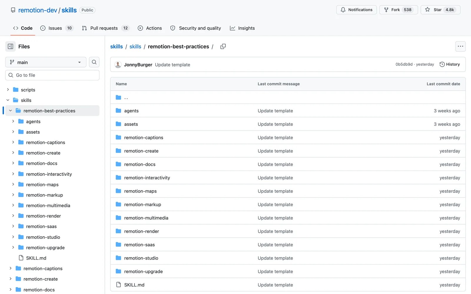 Remotion Best Practices Claude Code skill on GitHub (remotion-dev/skills)