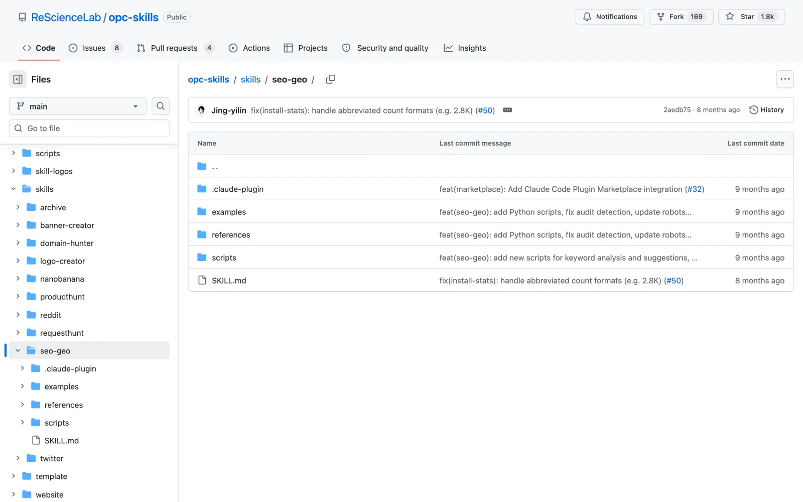 SEO + GEO skill on GitHub (resciencelab/opc-skills)