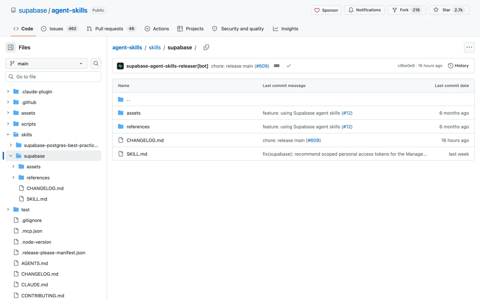 Supabase skill on GitHub (supabase/agent-skills)