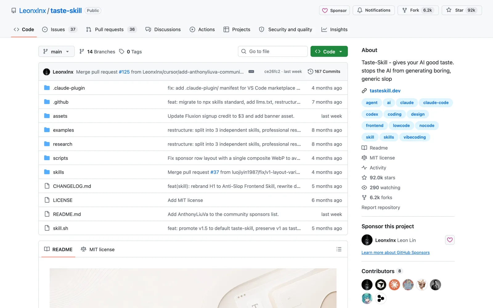 Taste Skill Claude Code skill on GitHub (Leonxlnx/taste-skill)