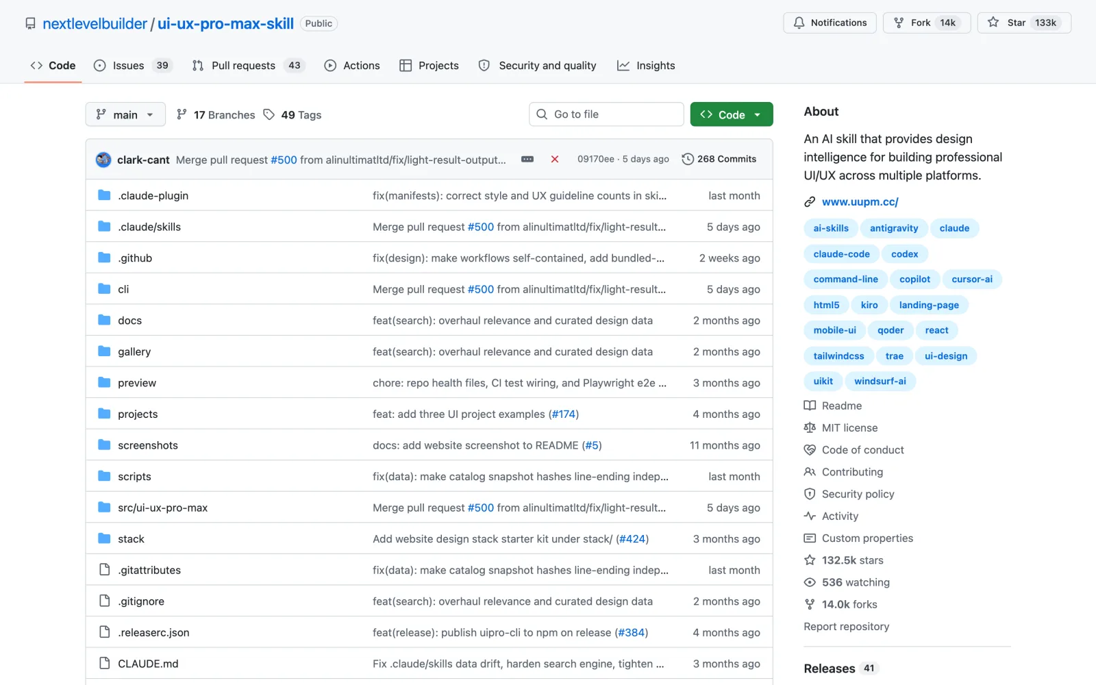 UI UX Pro Max Claude Code skill on GitHub (nextlevelbuilder/ui-ux-pro-max-skill)