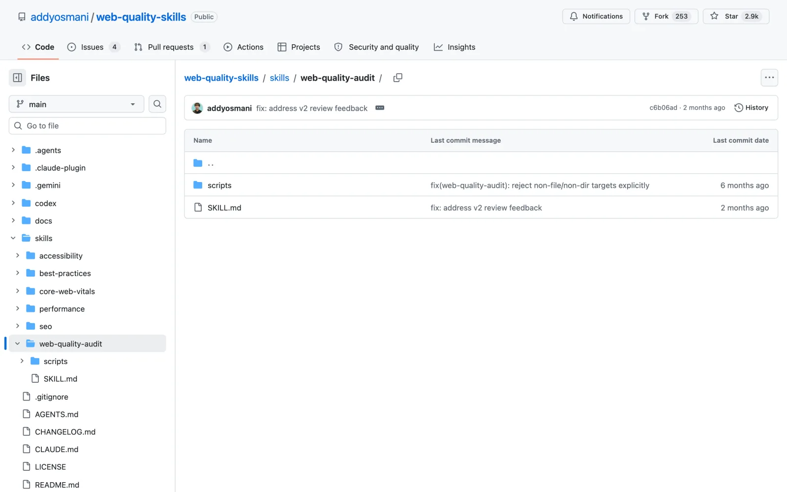 Web Quality Audit skill on GitHub (addyosmani/web-quality-skills)