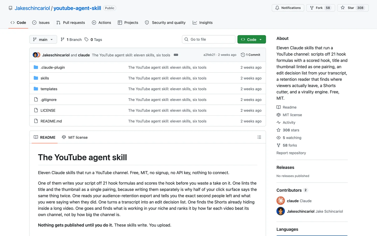 YouTube Agent Skill Claude Code skill on GitHub (Jakeschincariol/youtube-agent-skill)