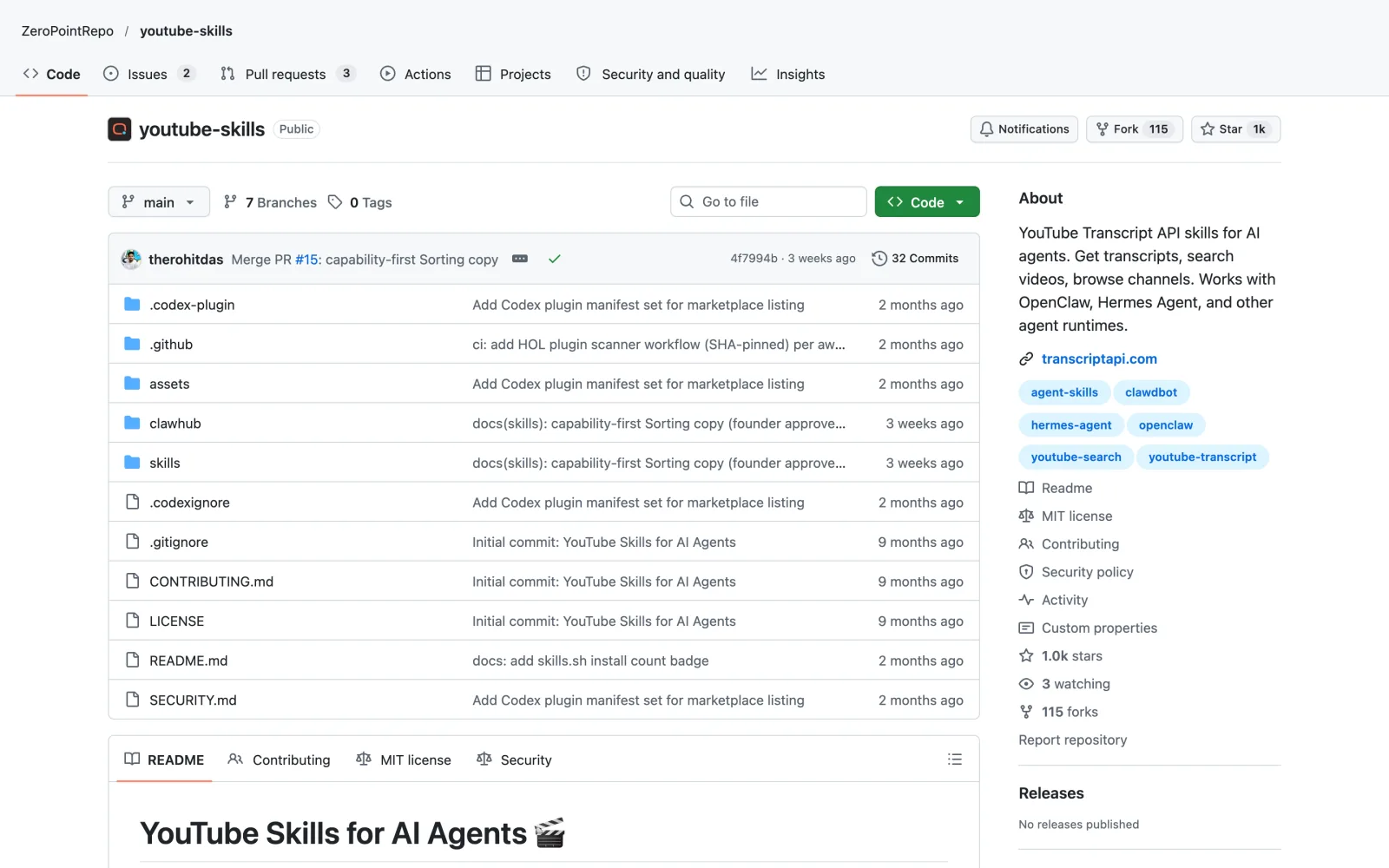 YouTube Full skill on GitHub (ZeroPointRepo/youtube-skills)